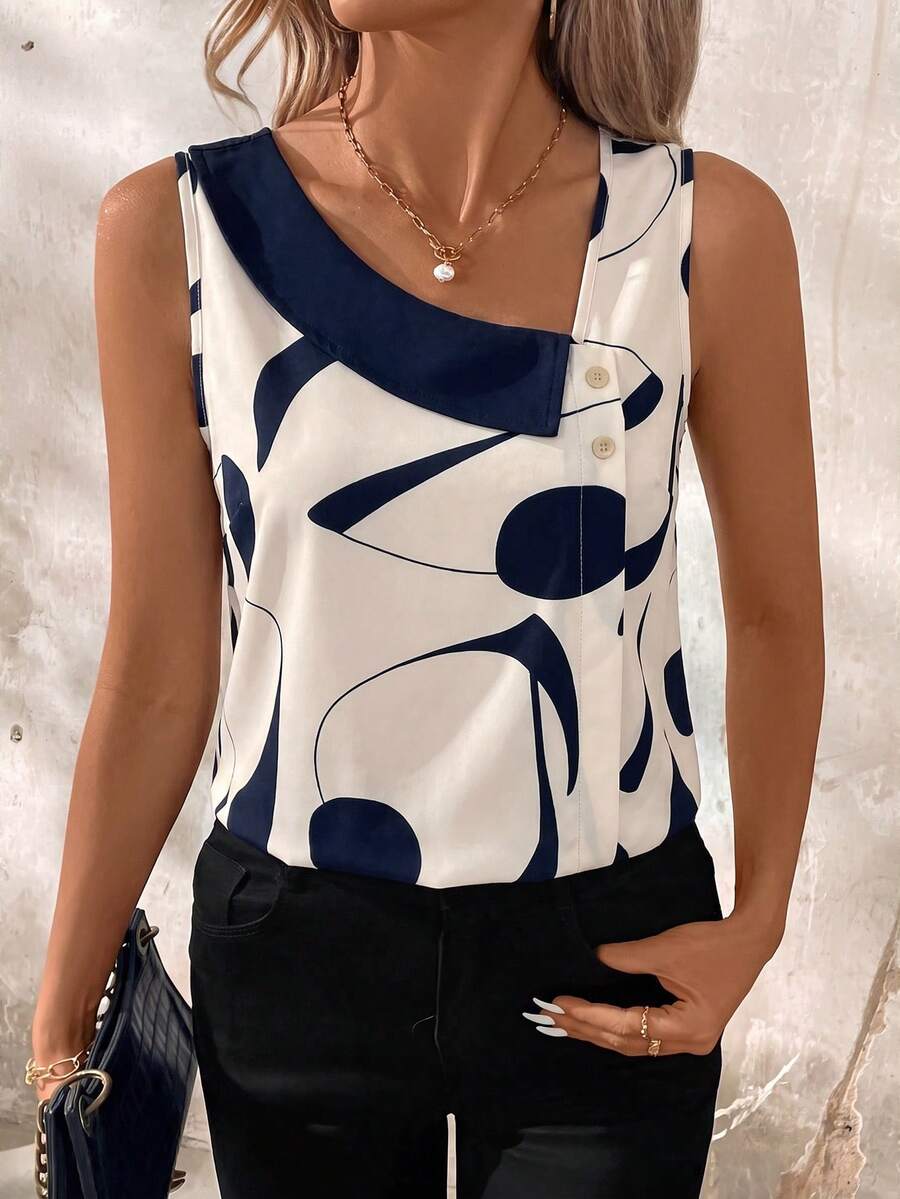 SHEIN LUNE 對比色不對稱領口無袖夏季上衣 - 藏蓝色 - 查看 1