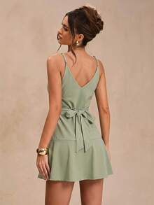 SHEIN BAE Spring Summer Sage Green Spaghetti Strap V-Neck Ruffle Waist Cinched Short A-Line Dress Fresh Sweet Beach Holiday Wedding Romantic Elegant - Green - View 2
