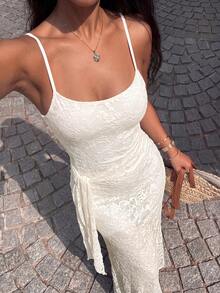 Sunnyshic Damen-Camisole-Kleid im französischen eleganten tropischen Stil, süß, mit Spitze, Rüschen und Knoten, cremeweiß, für Hochzeit, Urlaub und Sommer - Aprikosenfarben - Übersicht 3