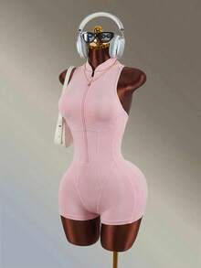 Amplova Solid Color Sleeveless Backless Athletic Romper Shorts - Pink - View 6