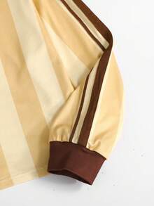 SHEIN Tween女孩秋冬休閒復古學院風黃色與棕色條紋印花POLO領小Logo印花織帶裝飾寬鬆長袖衛衣與配套織帶寬腿直筒運動褲套裝 - 黃色 - 查看 10