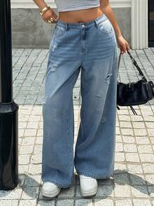 Dazy Plus Vintage Distressed Washed Faded Street Style Loose Straight Leg Blogger Casual Outing Preppy Plus Size Women's All Season Blue Jeans School - Light Wash - View 2
