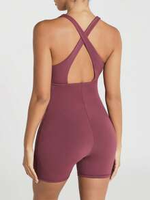 11SKNDS V-Neck Cutout Athletic Romper Jumpsuit With Crossback Straps And Biker Shorts Unitard One-Piece Bodysuit For Yoga Pilates Activewear Spring Summer - Purple - View 2