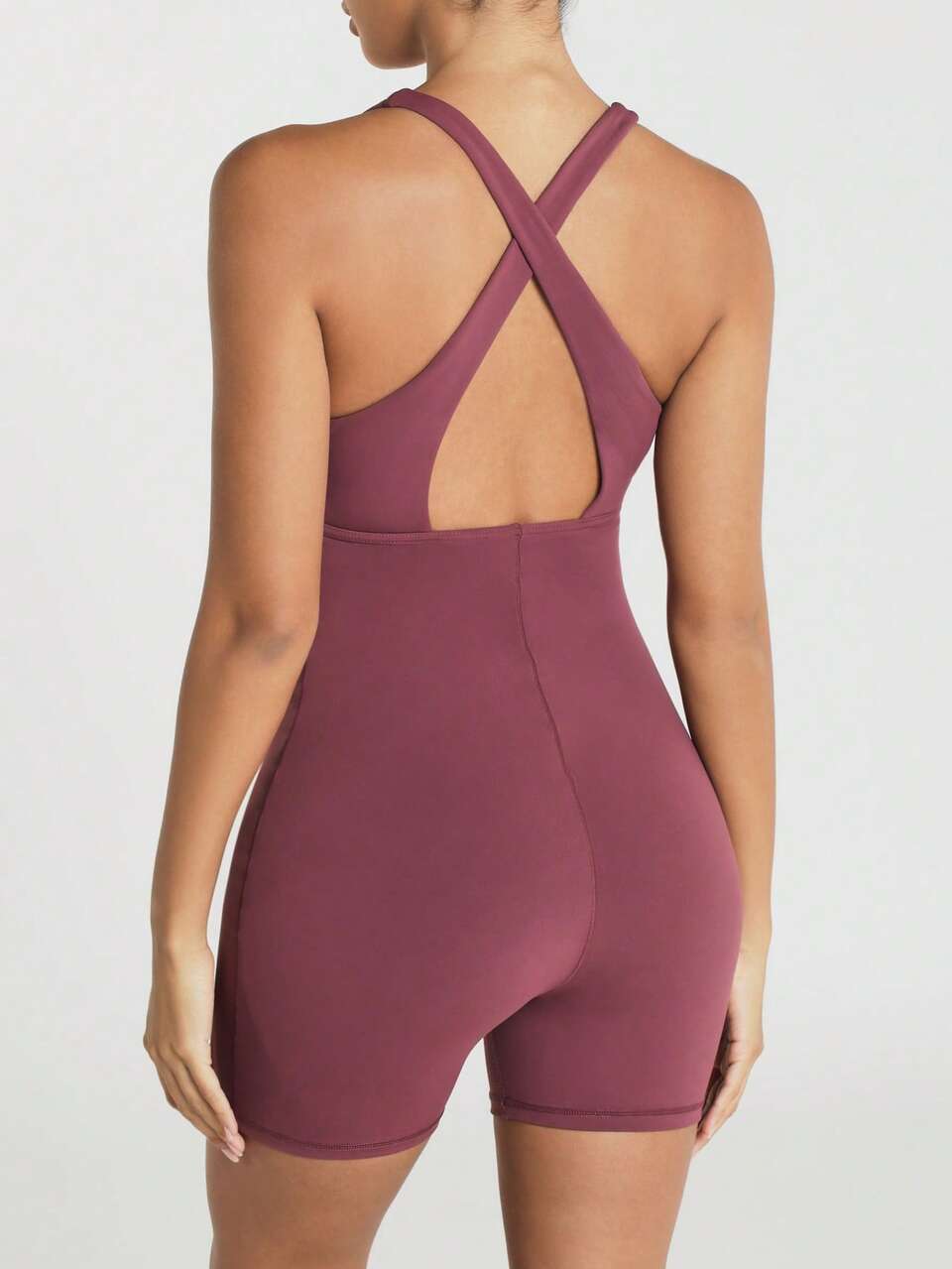 11SKNDS V-Ausschnitt Cutout Sport-Romper mit Kreuzrücken-Trägern und Biker-Shorts Unitard Einteiliger Bodysuit für Yoga Pilates Activewear Frühling Sommer