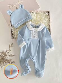 SHEIN 2件組/秋季秋冬款 新生兒嬰兒連身衣與帽子套裝 柔軟藍色雙面抓絨 精緻可愛蕾絲飾邊 白色彼得領 後背防水 - 藍色 - 查看 6