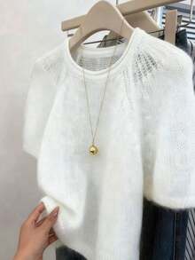 SHEIN 大码女式休闲日常通勤简约纯色泡泡袖针织上衣 - 白色 - 查看 3