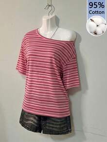 SHEIN EZwear 休閒極簡印花落肩短袖寬鬆女款T恤，玫瑰粉條紋T恤，日常百搭派對聚會機場Y2K上衣，夏季出遊 - 白色 - 查看 4