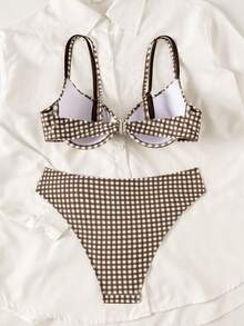 Swim Lushoire Glamour 夏季新款女款比基尼泳衣 2 件套，鋼圈托高胸型、抓褶設計、雙肩細肩帶、露背可調節三角比基尼 - 彩色 - 查看 5