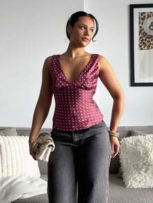 leahseptember Women's Polka Dot Print Sexy Deep V Neck Fitted Top,Spring,Summer Holiday,Casual,Beach,Polka Dot Top,Burgundy - Burgundy - View 3