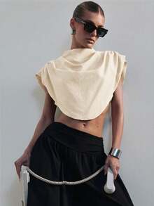 Hauture Women's Draped Shoulder Impact High Neck Crop Top Office Wear - Apricot - View 3