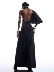 LYSMO 2026 New Arrive Minimalism Summer Fashion Solid Color Stand Collar Asymmetric Long Dress Casual Outfit For Women - Black - View 3