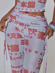 MUSERA 網格圖案印花雙層低腰裙褲 抽褶細節喇叭褲 春夏度假 伊比薩節慶 Y2K Psyche 風格 - 紅色 - 查看 5