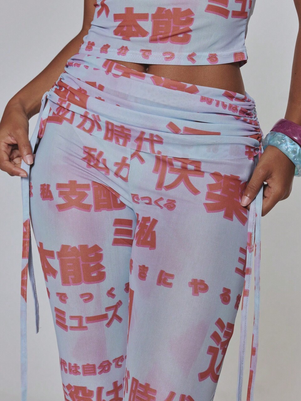 Mesh Graphic Printed Double Layered Low Rise Skirt Trouser Ruched Detail Flared PantSpring Summer Holiday Vacation Ibiza Festival Y2K Psyche