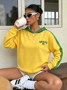 Muchica Autumn New Brazil National Football Team Jersey Top, National Flag Colorful Letter Print Sports World Cup Color Block Women's Sweatshirt, Retro, Preppy, Classic, Fashion, Youth Street Style. Smooth And Comfortable Fabric, Ideal Choice For Match Day. 2026 World Cup Sports Fashion Match Day Football Street Style Jersey - Multicolor - View 4