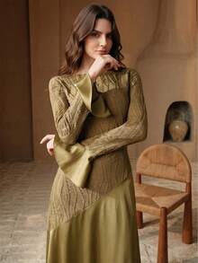 Anewsta Vestido Elegante e Vintage com Gola Redonda, Manga Sino e Bainha Assimétrica para Mulheres, Novo Lançamento Primavera/Verão - Caqui - Visão 5