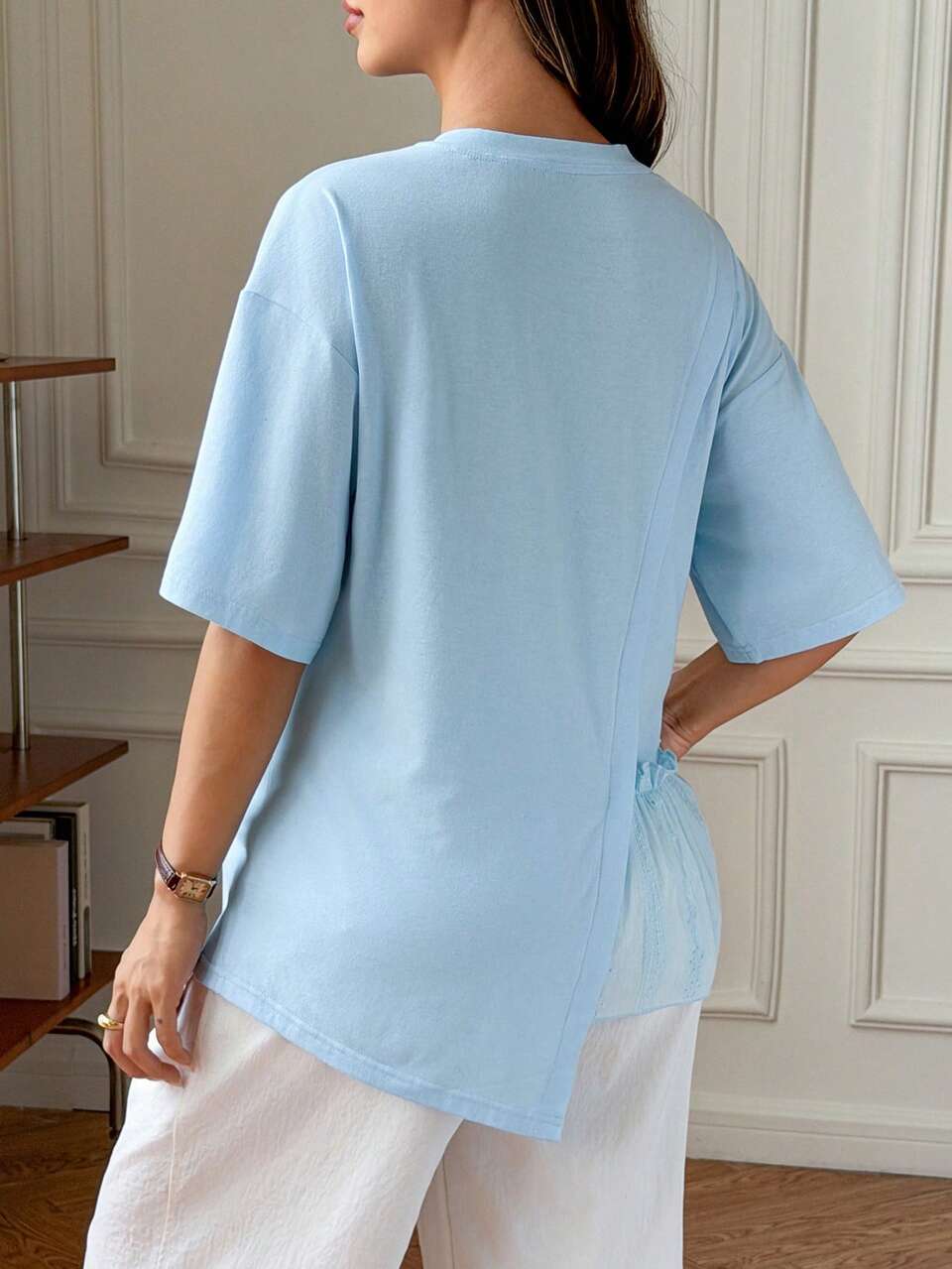 Maternity Casual Baggy Short Sleeve T-Shirt With Round Neck, Solid Color With Contrast Lace And Asymmetrical Hem, Spring/Summer Vacation Babyshower