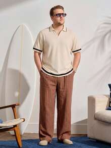 VeloEdit Plus Size Casual Daily Knitted Polo Shirt, Suitable For Summer - Beige - View 2