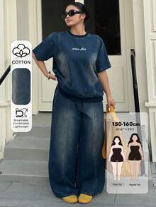 Dazy Petite Curve Letter Pattern Embroidered Loose Short Sleeve Top Pants 2pcs Set Spring Summer Plus Size Denim Outfit For Women Vacation Date Night Dusty Blue - Dark Wash - View 1