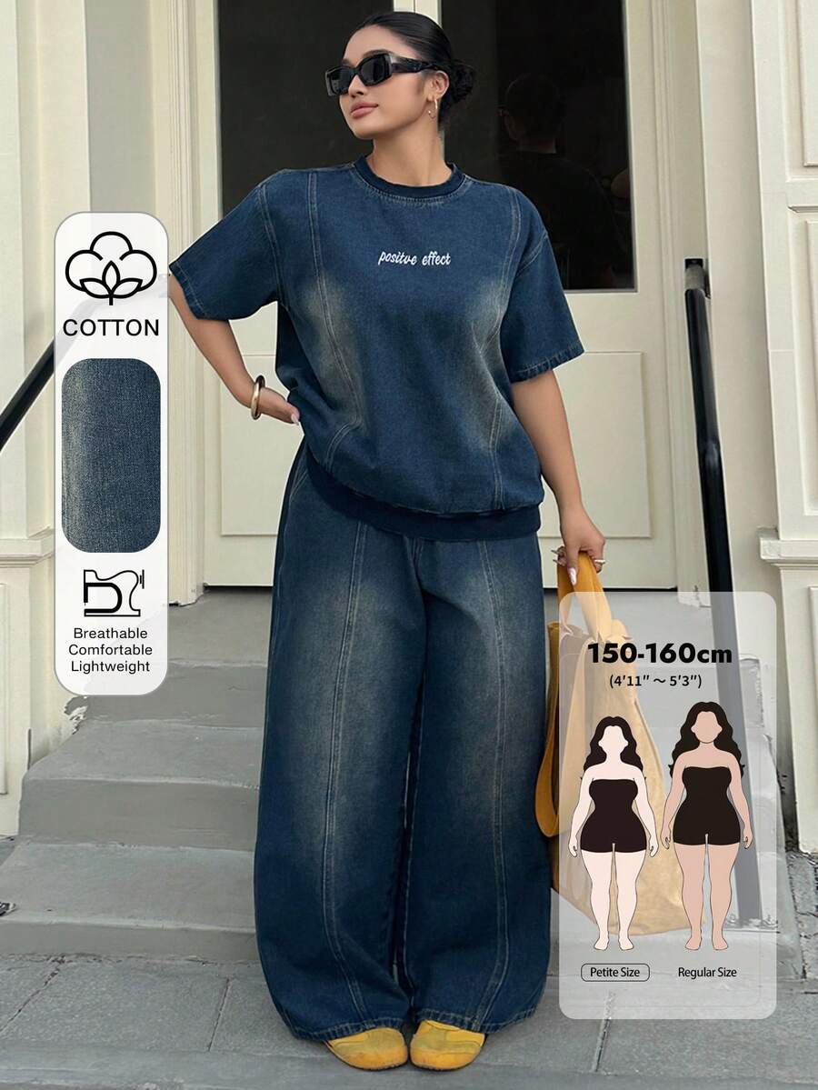 Dazy Petite Curve Letter Pattern Embroidered Loose Short Sleeve Top Pants 2pcs Set Spring Summer Plus Size Denim Outfit For Women Vacation Date Night Dusty Blue - Dark Wash - View 1