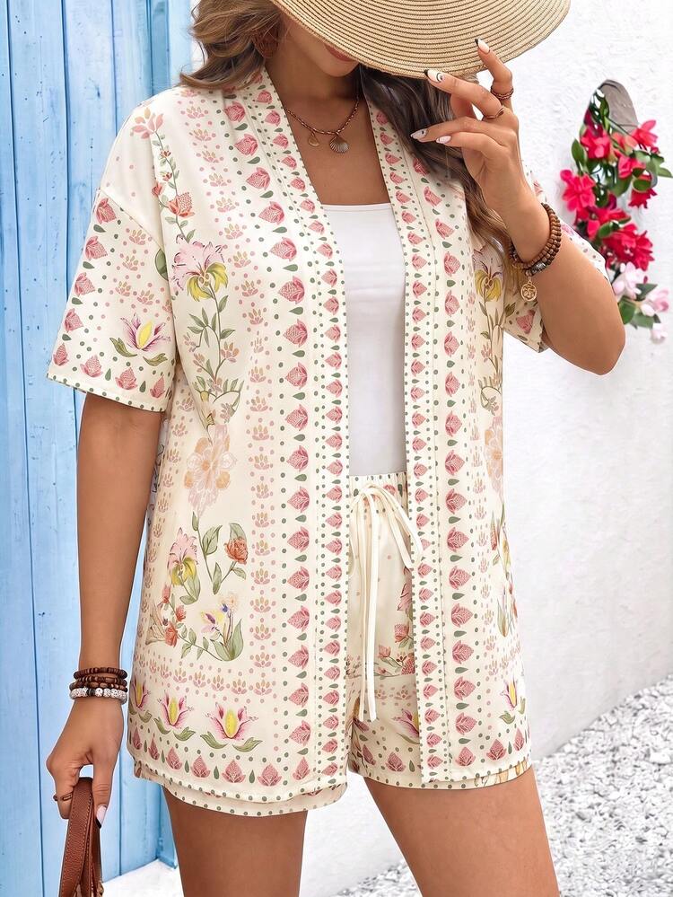 Vivid Eden Women's All-Over Pink Floral Short Sleeve Cover-Up And Drawstring Shorts 2-Piece Set Beach Vacation Summer Tropical - Pink - View 6