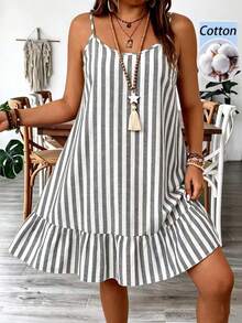 Weeklong Plus Size Women's Striped Casual Daily Wear Spaghetti Strap Dress - Grey - View 1