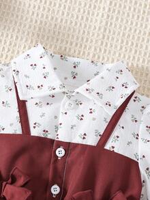 SHEIN Playful Pals 酒紅色碎花 2 合 1 女嬰洋裝，秋季新款甜美公主風洋裝，翻領、泡泡袖、蝴蝶結設計，時尚女嬰洋裝 - 酒紅色 - 查看 7