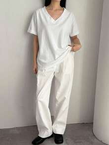 Livesso 夏季寬鬆商務休閒白色打底層優雅通勤辦公女款短袖T恤 - 白色 - 查看 3