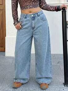 Dazy Plus Plus Size Washed Distressed Ripped Loose Wide Leg Long Denim Jeans - Light Wash - View 5
