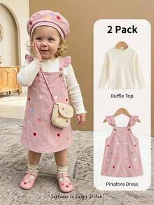 Cozy Pixies Baby Girl Solid Color Knit Soft Round Neck Long Sleeve Pullover Top And Heart Embroidered Pattern Suspender Short Dress 2 Pieces Cute Ruffled Pink Set - Pink - View 9