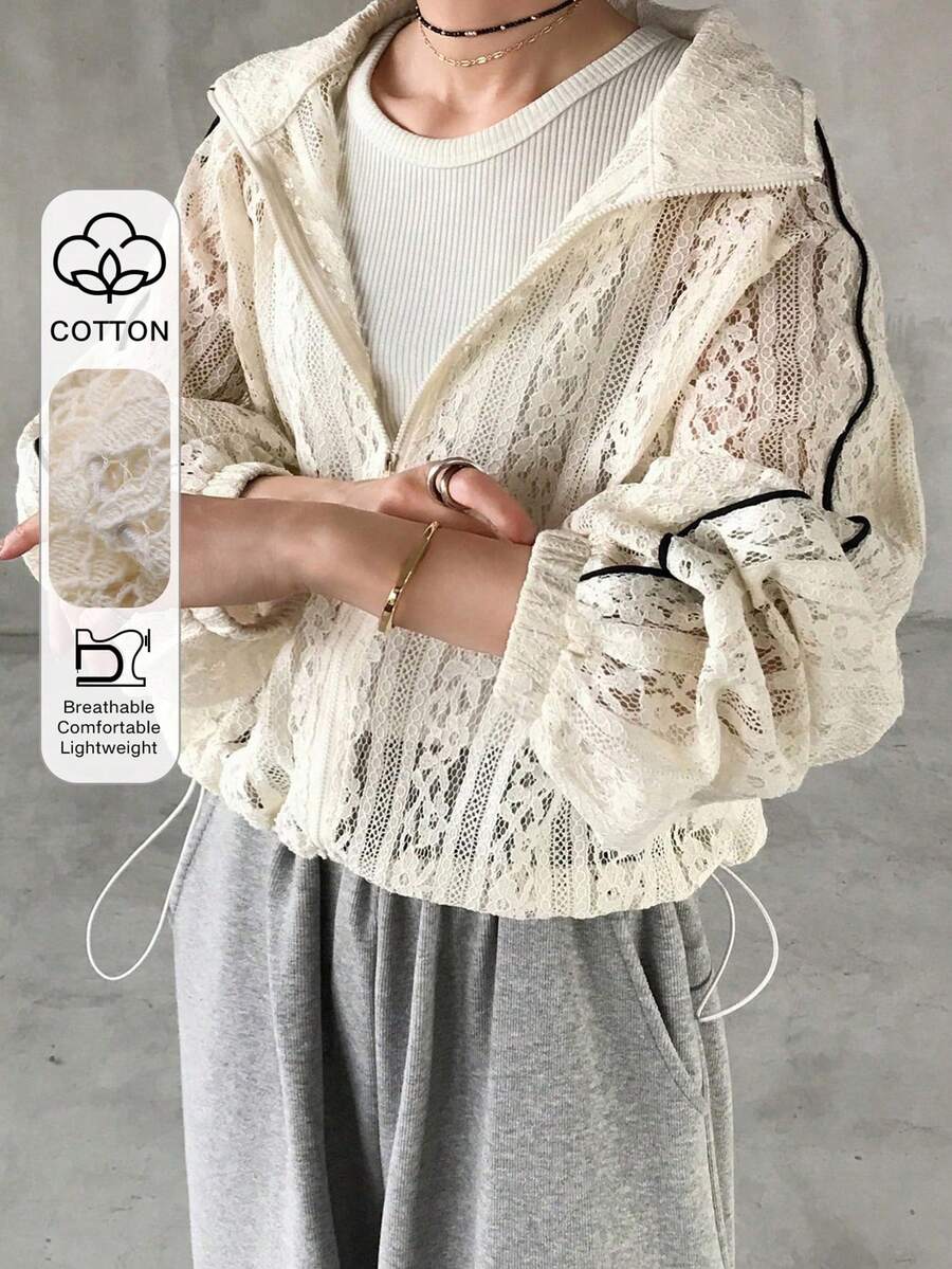 Dazy Plus Plus Size Women Lace Lantern Sleeve Open Front Loose Jacket, See-Through Lantern Sleeve Long Sleeve Casual Top, Spring/Summer/Autumn - Apricot - View 1