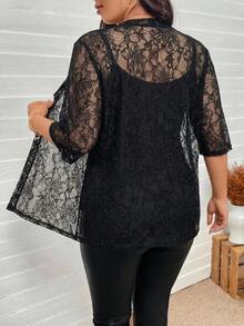 Comfylo Plus Size Women's Lace Half Sleeve Open Front Cardigan - Black - View 2