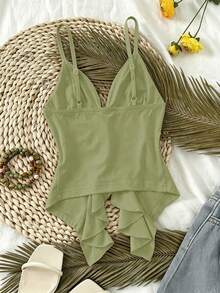 Selianne French Gentle Style Front Tie Ruffle Strap Slim Fit Flattering Camisole - Lime Green - View 2