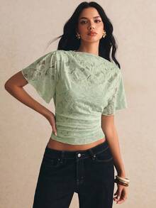 Poéselle Women's Floral Print Ruched Slim Fit Versatile Casual Romantic Elegant T-Shirt Date Night Brunch Sage Green Summer - Green - View 7