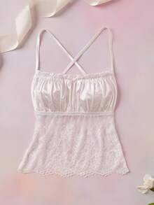 Elorette White Lace Satin Backless Open Back Floral Pattern Elegant Sexy Romantic Tie Strap Women's Top Women's Camisole Women's Sleepwear Top - White - View 8