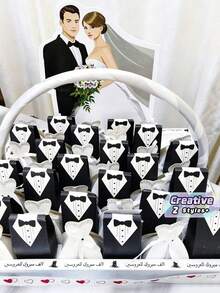 100/200 piezas Caja de caramelos con tema de vestido de novia y levita, popular para despedida de soltera, recepción de boda, Navidad - Blanco y negro - Ver 1