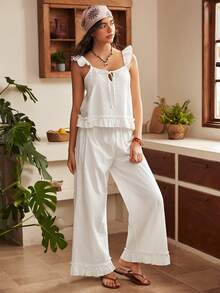 Lullawish Bohemian Pure Cotton Cami Loungewear Set For Women - White - View 3