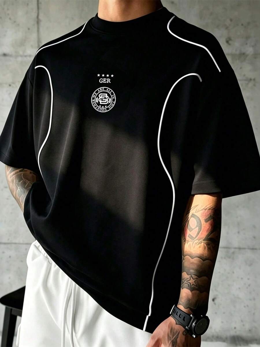 Sport MetroGents 男款五角星印花短袖寬鬆版型運動T恤,健身、度假 - 黑色 - 查看 1