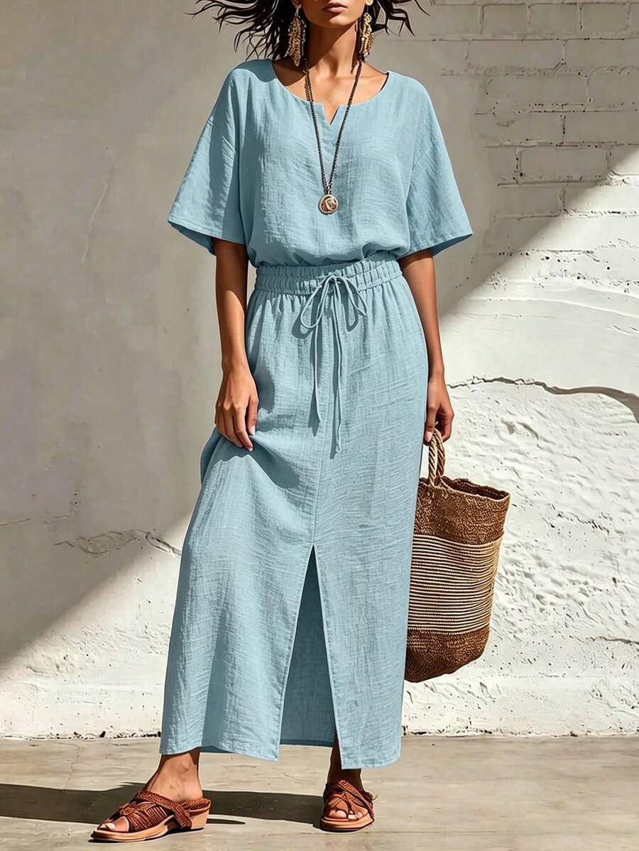 SHEIN 夏季寬鬆襯衫洋裝－收腰休閒度假洋裝 - 淺色水洗藍 - 查看 1