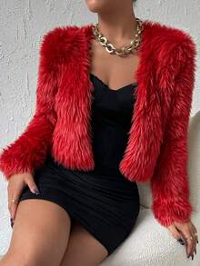 SHEIN LUNE 女款純色毛絨休閒百搭日常穿著開襟衫 - 紅色 - 查看 1