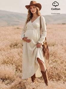 Boho Mama Apricot A-Line Dress With Ruffled Cuffs Cotton Fabric Suitable For Autumn Daily Wear Photoshoot And Vacation Country Style Maternity Normal For Women - Khaki - View 2