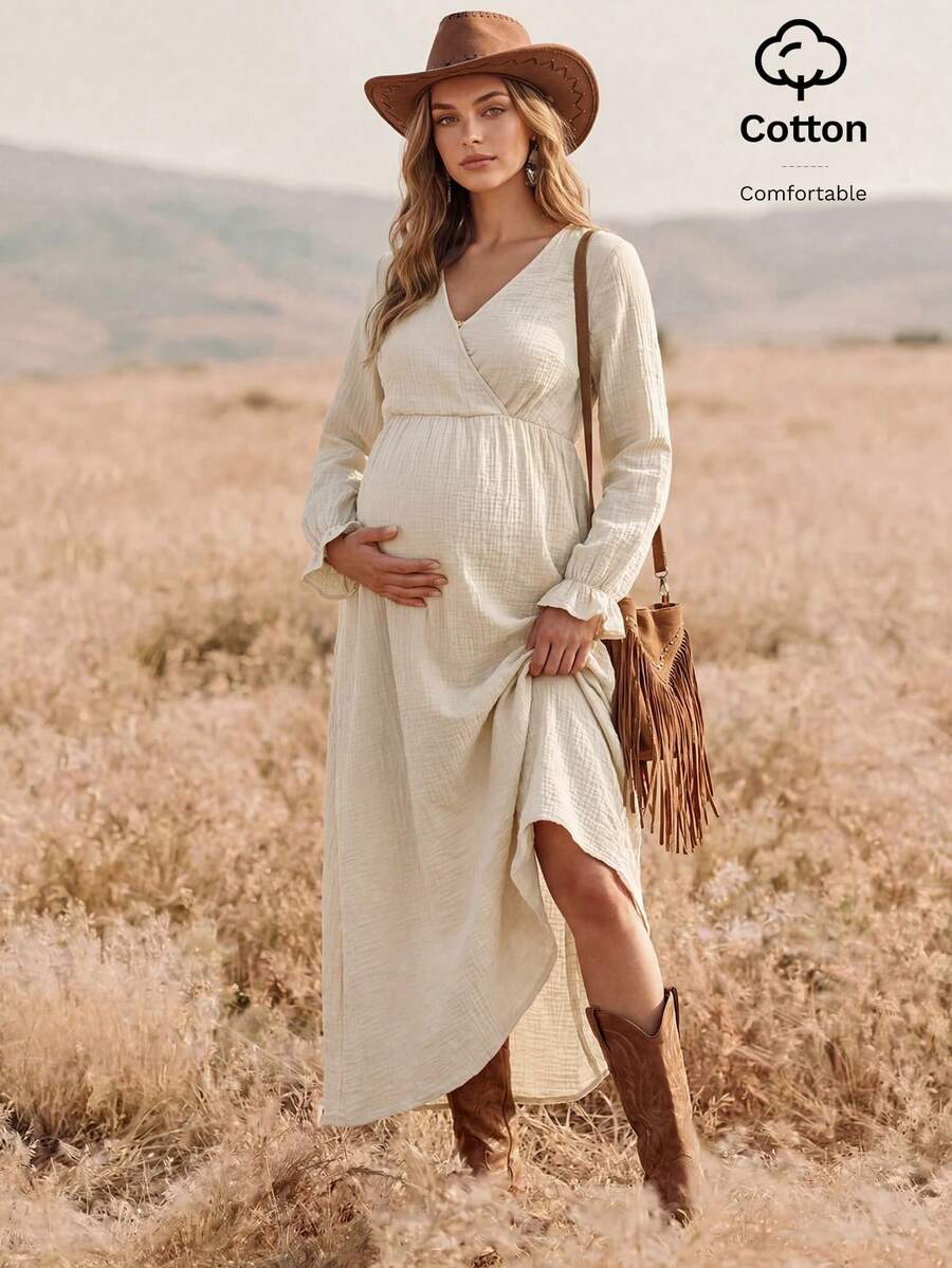 Boho Mama Apricot A-Line Dress With Ruffled Cuffs Cotton Fabric Suitable For Autumn Daily Wear Photoshoot And Vacation Country Style Maternity Normal For Women