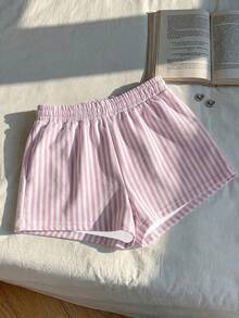 SHEIN EZwear 3件組棕色波點、白色、粉色與白色條紋女款休閒中腰寬鬆短褲，適合夏季 - 彩色 - 查看 4
