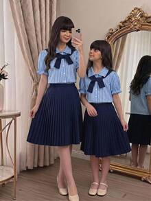 SHEIN 3-Piece Tween Girls Loose Casual Chic Design Print Striped Collared Ruffle Short Sleeve Shirt & Colorblock Shawl Vest Top & Colorblock Pleated Ruffled Umbrella Skirt Set, Suitable For Daily Commute, Casual, Vacation, School, Street Style, Shopping And More - Royal Blue - View 1