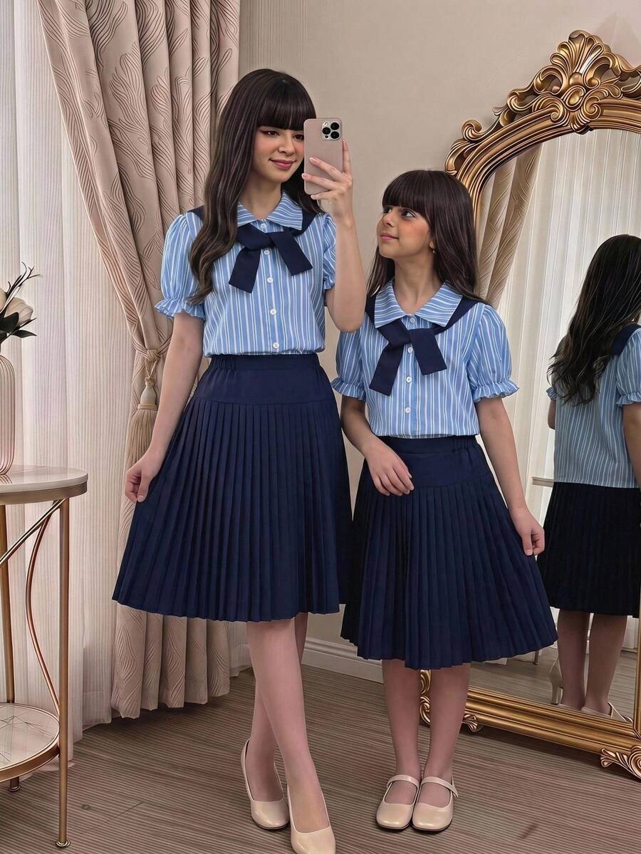 SHEIN 3-Piece Tween Girls Loose Casual Chic Design Print Striped Collared Ruffle Short Sleeve Shirt & Colorblock Shawl Vest Top & Colorblock Pleated Ruffled Umbrella Skirt Set, Suitable For Daily Commute, Casual, Vacation, School, Street Style, Shopping And More - Royal Blue - View 1