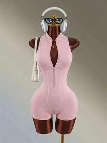 Amplova Solid Color Sleeveless Backless Athletic Romper Shorts - Pink - View 5