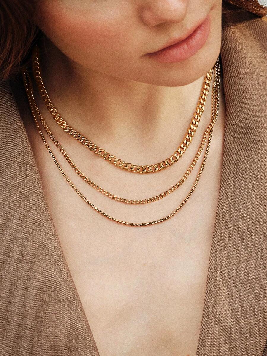 Vandermere 3pcs 18k Gold Stainless Steel Women's Herringbone Necklace Set, Simple And Elegant Solid Color Snake Chain Necklace For Layering. - Yellow Gold - View 1