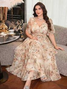 Modelyn Plus Size Women's V-Neck Floral Print Pleated Elegant Party Dress - Apricot - View 2