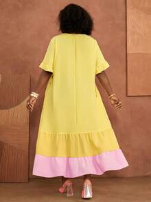 BrightlyHer Plus Size Women's Summer/Autumn Casual Vacation Ruffle Yellow Patchwork Colorblock Dress,Going Out Outfits, Beach,Flowy Dress, Fall Clothes,Boho - Multicolor - View 5