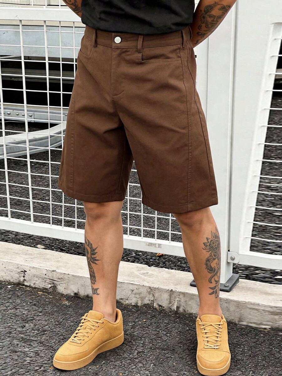 Manfinity CasualCool 男士棕色短裤,解构设计,时尚百搭休闲百慕大短裤 - 棕色 - 查看 1