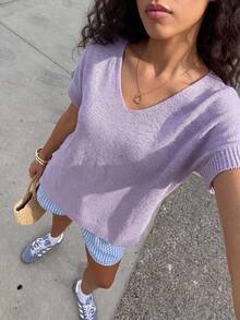 SHEIN WOMEN'S WEAR Lightweight V-Neck Short-Sleeve Knit Top Soft Touch Relaxed Fit Minimal Casual Summer Pullover Easy Layering Brunch Light Purple - Lilac Purple - View 4